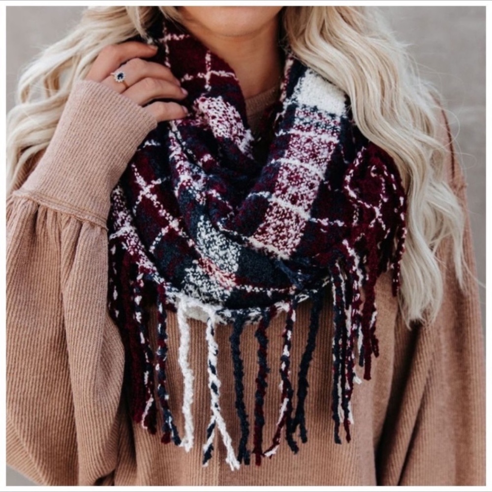 Wine plaid boho fringe infinity scarf